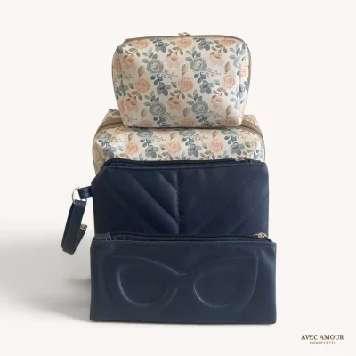 Kit 3 necessaire Jardim floral dourada P e M + carteira acolchoada + porta óculos _2x