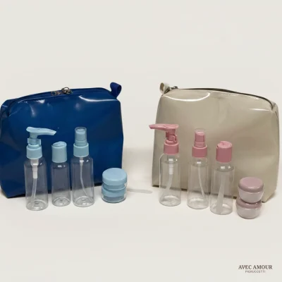 Necessaire Mademoiselle azul e pérola com frascos de plástico _2x
